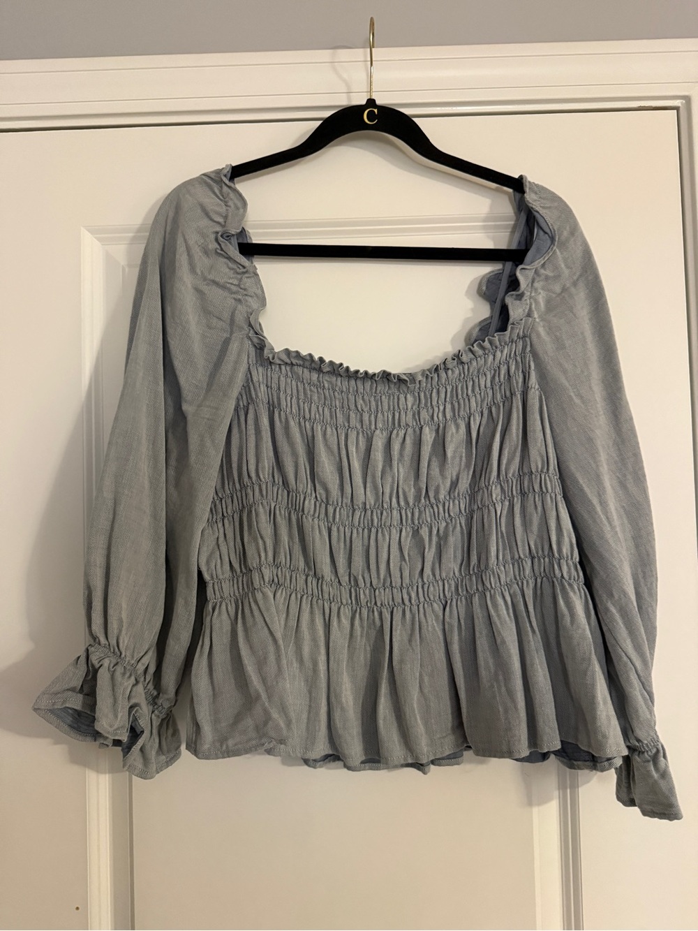 Light Green/Blue Peasant Smocked Long-Sleeve Top